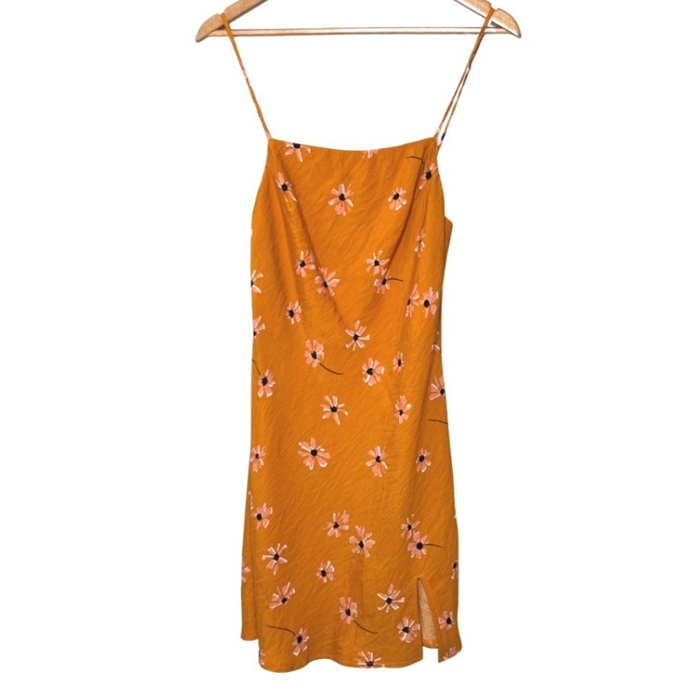 Polly Mustard Yellow Floral Mini Slip Dress Square Neck Adjustable Straps Size 6 - Picture 2 of 8